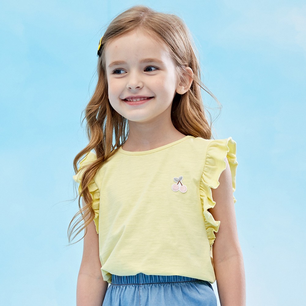 Summer new children's clothing small flying sleeve children's T-shirt cherry embroidered stickers girls short-sleeved T-shirt