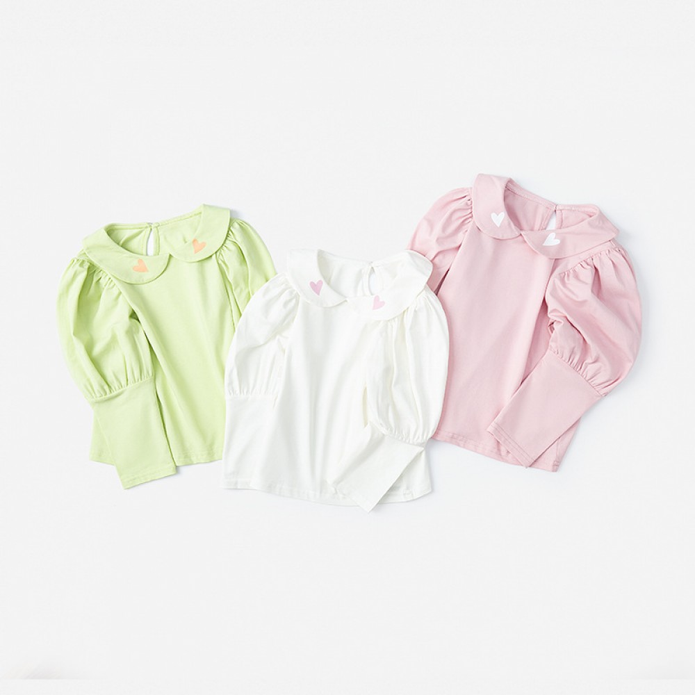 Spring new children's clothing children's T-shirt green fruit collar palace bubble sleeve love printing girls bottoming shirt