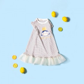 Summer new puffy princess skirt children's clothing cartoon print striped girl dress