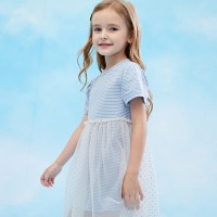 Summer new flash mesh gown princess dress puff sleeve striped girl dress