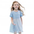 Summer new flash mesh gown princess dress puff sleeve striped girl dress