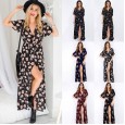Women's long short-sleeved floral dress women's summer vacation beach skirt