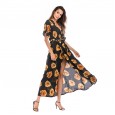 Women's long short-sleeved floral dress women's summer vacation beach skirt