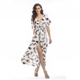 Women's long short-sleeved floral dress women's summer vacation beach skirt