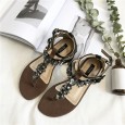 Snake pattern low heel Roman shoes new clip toe rhinestone flat sandals female summer buckle beach shoes