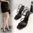 Spring models high-heeled open-toed square head Roman word buckle elastic band wild catwalk dress female sandals 40