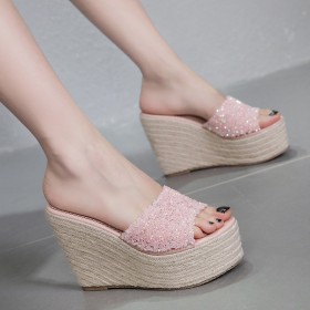 Summer 12CM high heel waterproof platform hemp rope wedge rhinestone slippers 313-5
