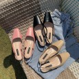 Small square head thick heel sandals female spring new Baotou back empty word buckle low heel single shoes female tide