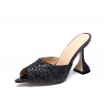 Wind women's sequined pointed thick heel high heel wild OL half drag dress shoes plus size 42