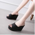 Spring fashion sequined wedge heel platform high heel thick bottom wedding OL half drag female sandals