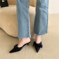 New spring bowknot pointed satin OL fine heel dress half slippers women