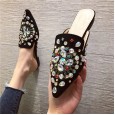 New spring rhinestone beaded slippers fashion wild low-heeled semi-dragging lazy female mules