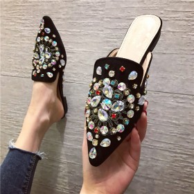 New spring rhinestone beaded slippers fashion wild low-heeled semi-dragging lazy female mules