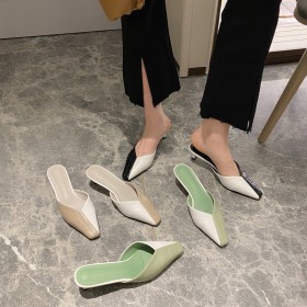 Fashion small square head color matching thick with shallow mouth half dragging lazy set feet OL dress women's shoes