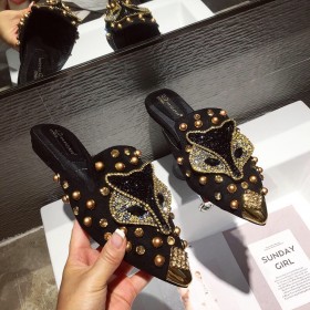 Summer fashion rhinestone fox head wild low heel tide female half slippers women
