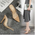 Summer imitation wood heel transparent pointed thin high-heeled half-drag dress sandals 666-36