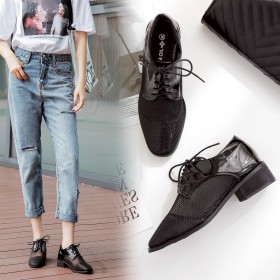 Spring patent leather plus breathable mesh small leather shoes fashion square head thick heel with lace up women's singles 40