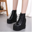 Autumn and winter new sponge cake thick bottom slope with increased height in the lace up round head short boots Martin boots