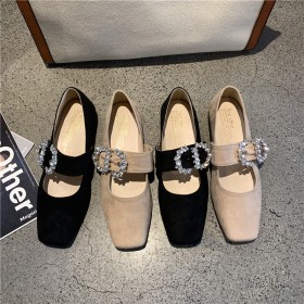 New single shoes square head flat bottom OL low heel single shoes rhinestone buckle suede lazy women's shoes