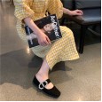 New single shoes square head flat bottom OL low heel single shoes rhinestone buckle suede lazy women's shoes