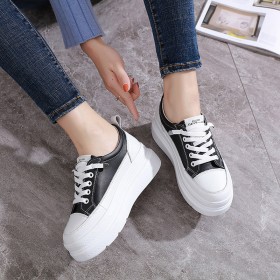 Spring fashion wild leather small white shoes round head thick bottom casual waterproof platform female middle heel shoes