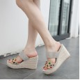 Wedge slippers female summer rhinestone word drag thick bottom muffin shoes high heel waterproof platform straw sandals with diamonds