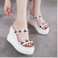 New high-heeled thick bottom sandals and slippers female summer fashion hundred sponge cake bee shoes rhinestone waterproof platform tide