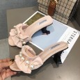 New fashion pearl ruffled high-heeled thick heel OL semi-drag women's shoes
