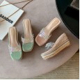 Summer new Roman transparent slope high-heeled square head open-toed beach linen woven thick bottom OL cool female half slippers