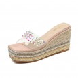 Summer new Roman transparent slope high-heeled square head open-toed beach linen woven thick bottom OL cool female half slippers