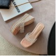 Summer new Roman transparent slope high-heeled square head open-toed beach linen woven thick bottom OL cool female half slippers