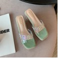 Summer new Roman transparent slope high-heeled square head open-toed beach linen woven thick bottom OL cool female half slippers