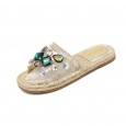 Summer new rhinestone flat bottom lazy drag fashion Roman hemp knitted open toe transparent female half drag