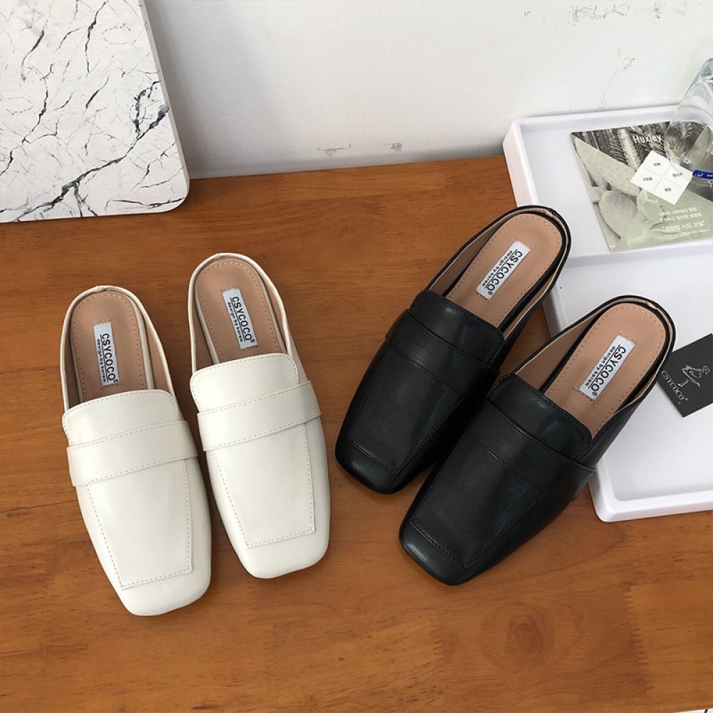New fashion soft leather flat bottom Roman square head low heel Baotou lazy half drag tide shoes women