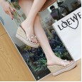 Summer new women's shoes pearl rhinestone flip flops sandals muffins increase Rome beach