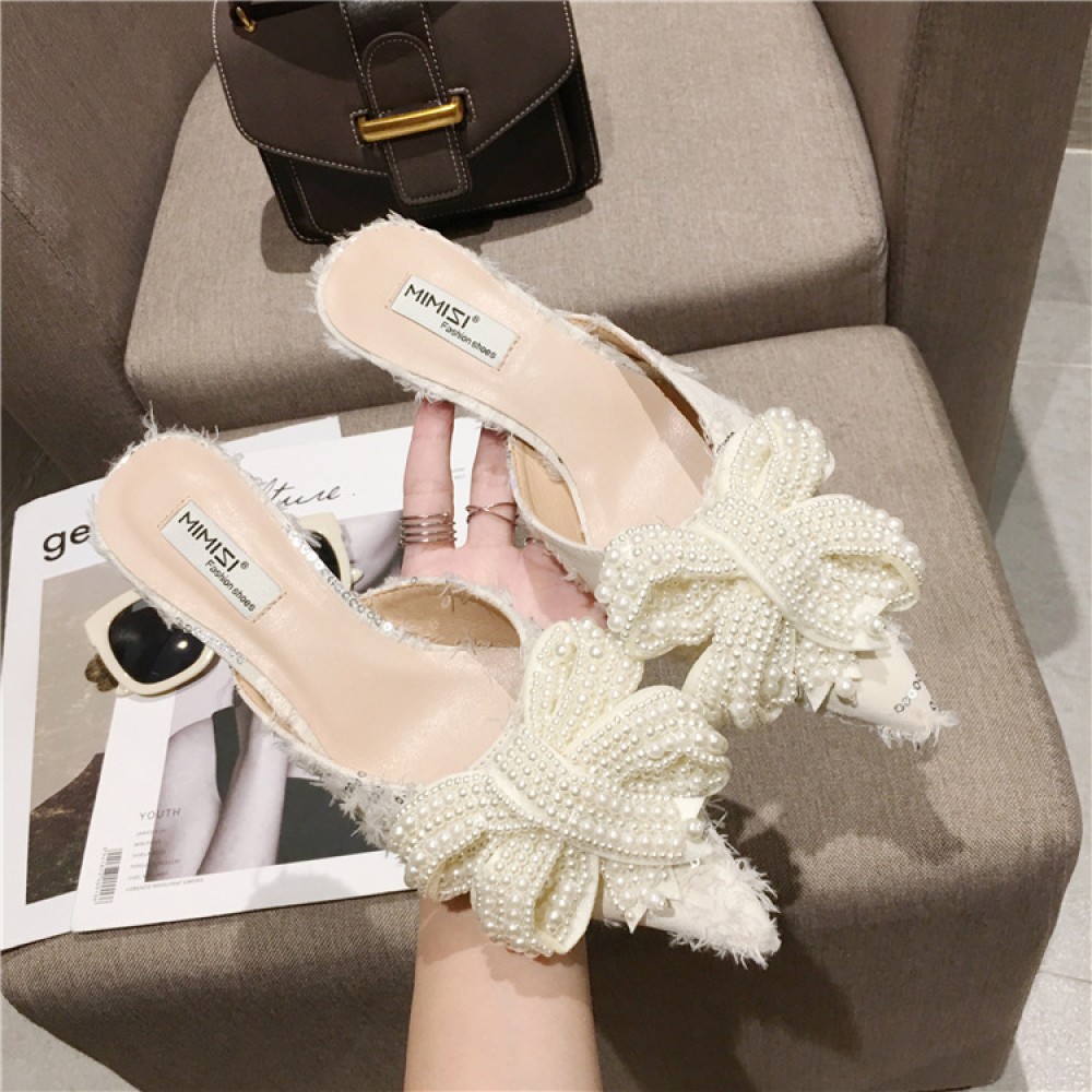 Pointed bowknot half slippers female spring wear new mid-heeled Baotou sandals kitten heel mules