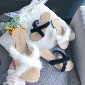 Rome summer new mink hair cross belt open toe beach vacation lazy woman cool half drag tide flat