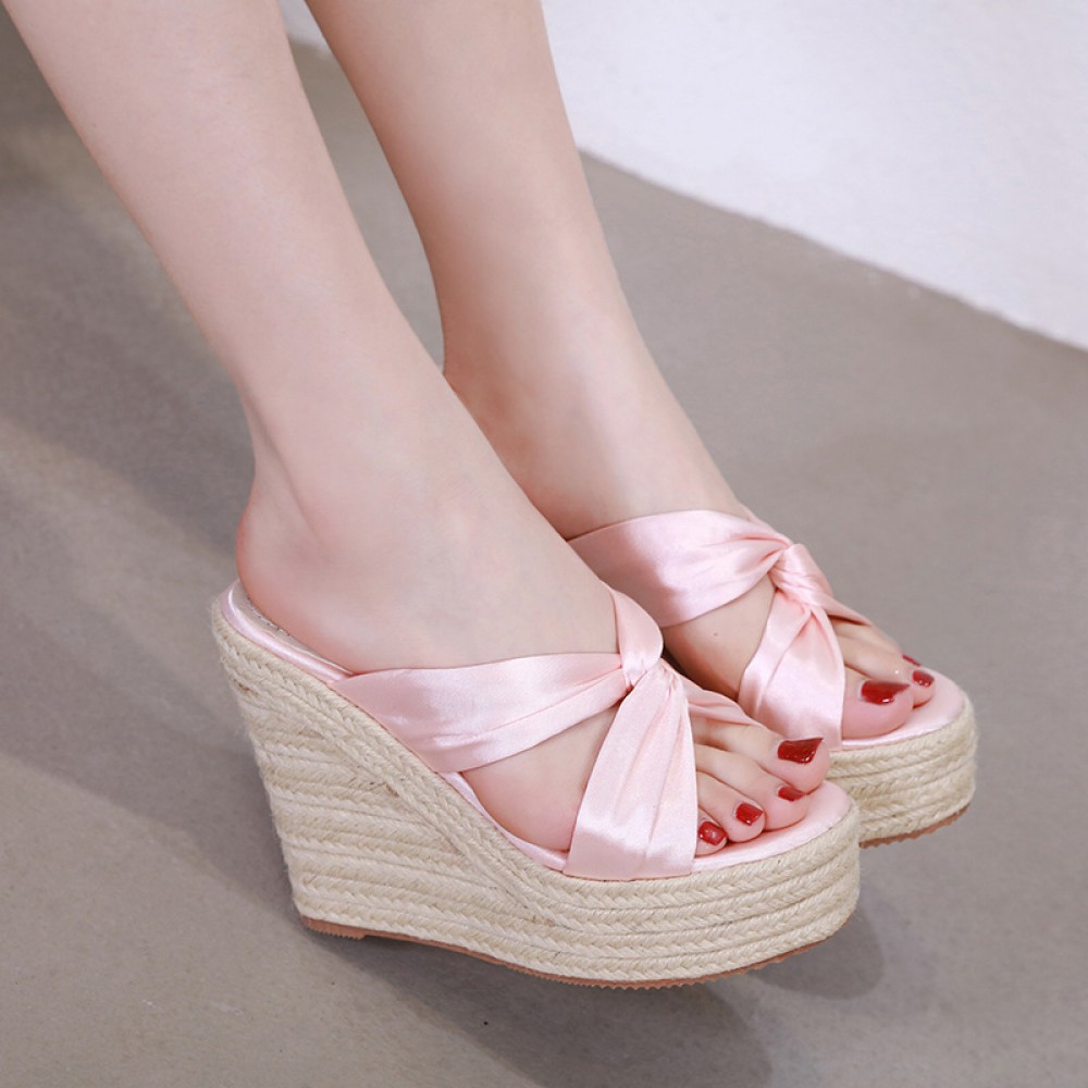 Fashionable summer linen weave wedge heel platform thick bottom high heel cross belt half drag female sandals H6