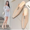 New fashion front zip suede with heel Baotou square head OL half drag sandals women