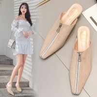 New fashion front zip suede with heel Baotou square head OL half drag sandals women