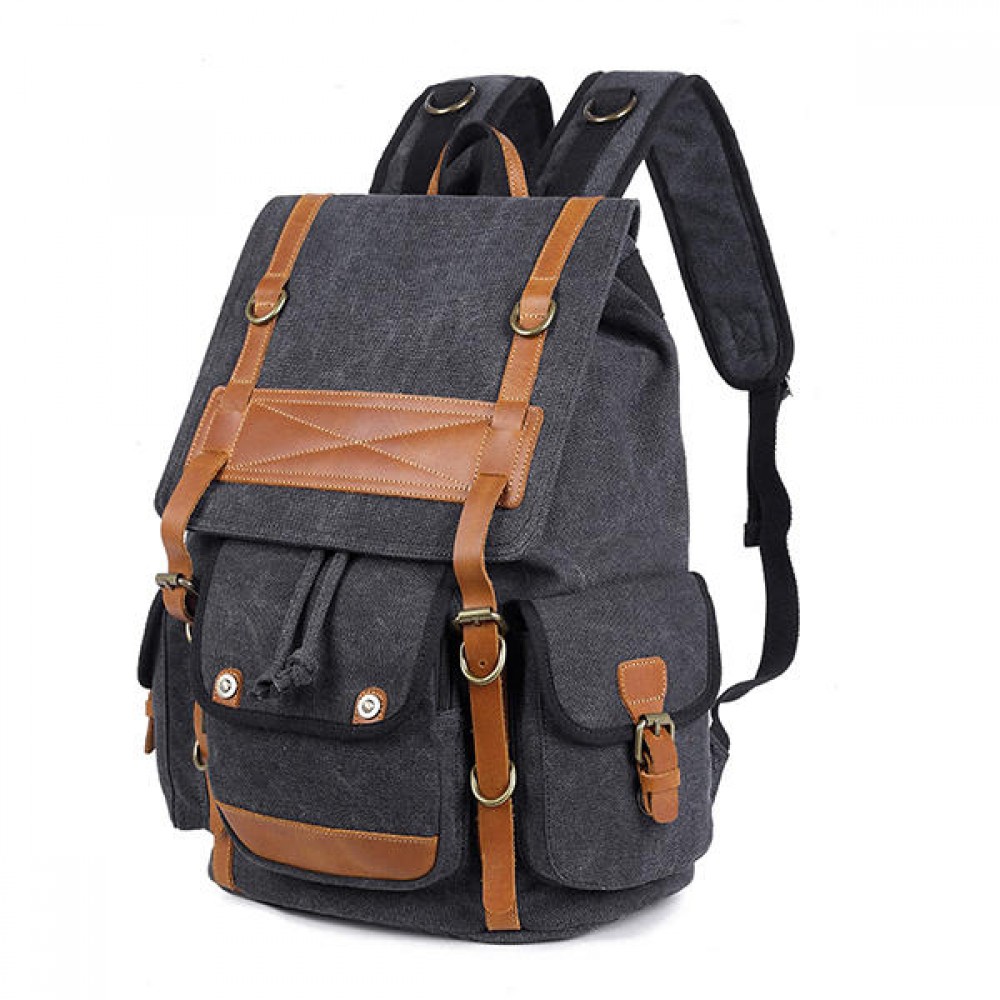 Men Canvas Large Capacity Outdoor Backpack Laptop Backpack - Black 
