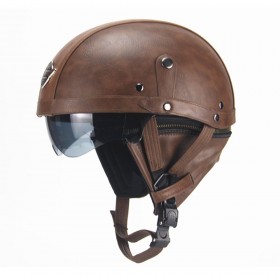PU Leather Vintage Size Motorcycle Half Helmet With Sun Visor Detachable Collar - Light Brown 