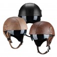 PU Leather Vintage Size Motorcycle Half Helmet With Sun Visor Detachable Collar - Light Brown 