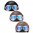 PU Leather Vintage Size Motorcycle Half Helmet With Sun Visor Detachable Collar - Light Brown 