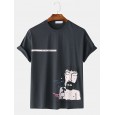 Men Casual Cartoon Print Loose Short Sleeve T-Shirts - White S 