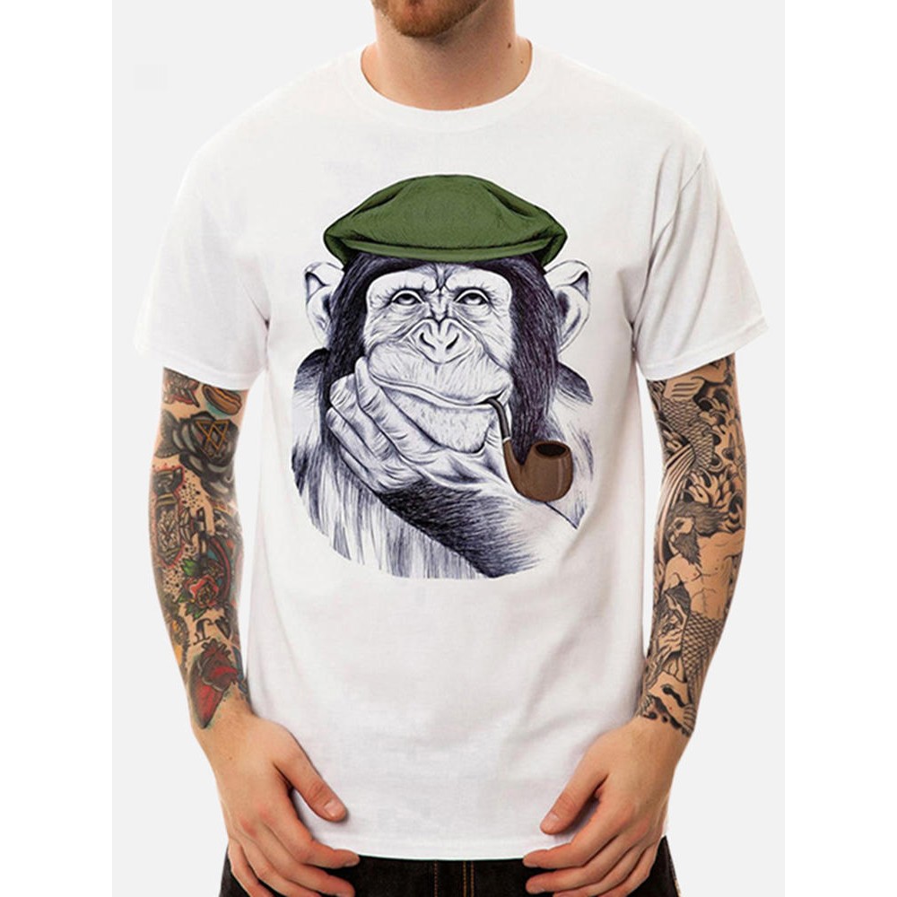 Men Monkey Printed Short Sleeve Crew Neck Cotton T-Shirts - White S 