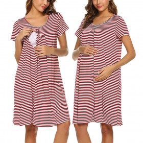 Summer striped striped short-sleeved round neck loose dress maternity dress