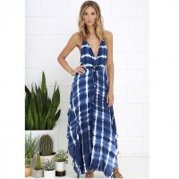 Women's ink graffiti print V-neck halter dress bohemian dress