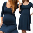 Hot fashion maternity dress wrinkled long belt round neck nursing dress