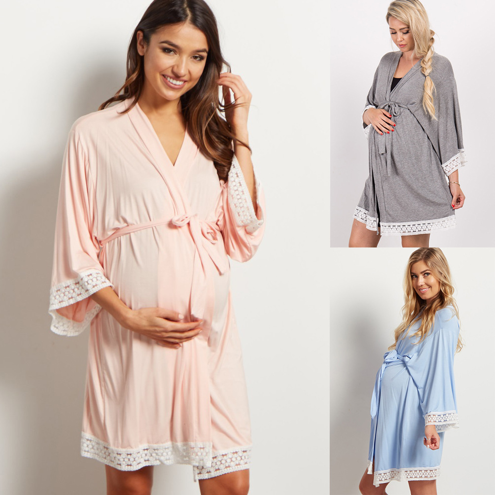 Hot selling solid color maternity dress lace lace stitching seven-point sleeve lace cardigan breastfeeding robe pajamas